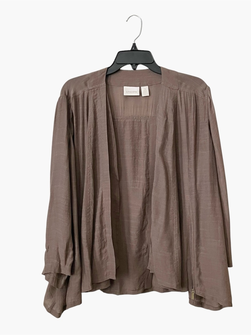 Chico's Lightweight Easy Jacket Size L Brown Khaki Cairo Zippers Draped Open
